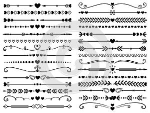 Hearts border divider. Love vintage decorative line separator, heart arrows and dotted separating lines isolated vector