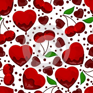 Hearts and cherry in chocolate, seamless pattern