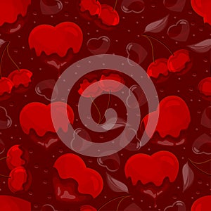 Hearts and cherry in chocolate, seamless pattern