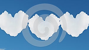 Hearts of clouds fly against the blue sky. Symbol of love. Video.