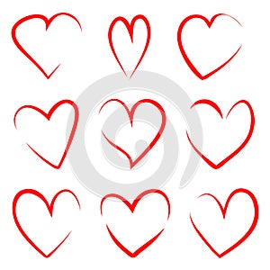 The hearts collection icon, love symbol, isolated on white background. Red thin outline handdrawn hearts in doodle. Vector