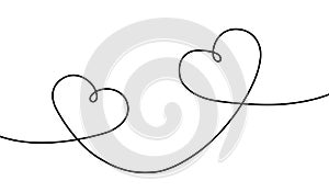 Hearts continuous line drawing. One single hand drawn contour heart for design love prints. Symbol love oneline. Black lineart ske