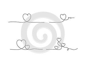 Hearts continuous one line art drawing, valentines day concept, heart love couple outline artistic