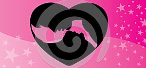 Hearts with couples. Pink velentines background with kissing couples emblem