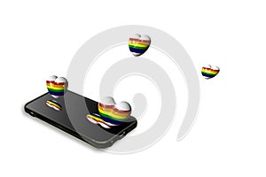 Gay flag in hearts floating in the air born from cell phone technology photo