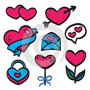 Hearts doodles collection. Symbol of love. Vector illustration