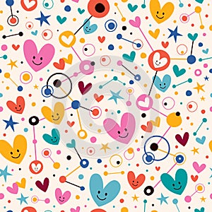 Hearts, dots and stars funky cartoon pattern