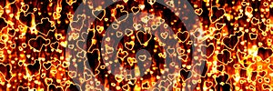 Hearts in Fire. Bright flamy hearts pattern on the black background