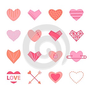 Hearts flat icon set in pink colors