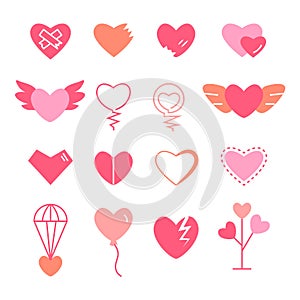 Hearts flat icon set in pink colors
