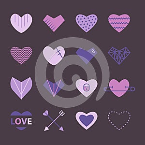 Hearts flat icon set in purple and pink color