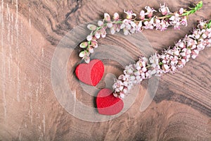 Hearts with flower on wood