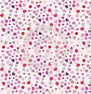 Hearts flowers and dots seamless pattern in pastel colours