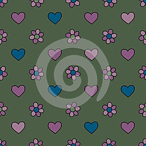 Hearts and flowers hand drawn vector seamless pattern. Spring background. Love texture for surface design,