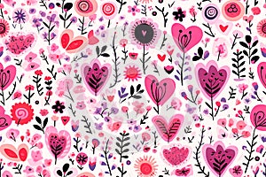 Hearts and Flowers Pattern on White Background