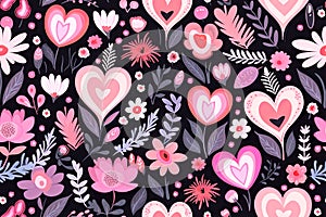 Hearts and Flowers Pattern on White Background
