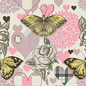 Hearts flowers seamless pattern