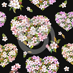 Hearts with flowers for Valentine day. Vintage floral blossom sakura. Watercolor seamless pattern at black background