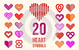 Hearts geometric linear logos vector icons or logotypes set, love care and charity geometrical symbols collection, graphic design