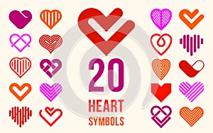 Hearts geometric linear logos vector icons or logotypes set, love care and charity geometrical symbols collection, graphic design