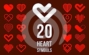 Hearts geometric linear logos vector icons or logotypes set, love care and charity geometrical symbols collection, graphic design