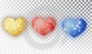 Hearts glitter texture set. Red, gold, blue Hearts Isolated. Symbol love heart shape isolated. Vector object for