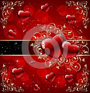 Hearts with gold ornate elements on red background