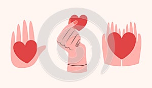 Hearts in hands. Cute vector cliparts in flat style. Volunteering, supporting, humanism, charity conception.