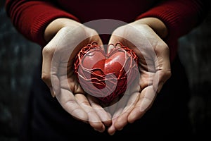 Hearts in hands symbolic gesture of affection Heart in woman hands Love giving, care, health, protection