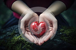 Hearts in hands symbolic gesture of affection Heart in woman hands Love giving, care, health, protection