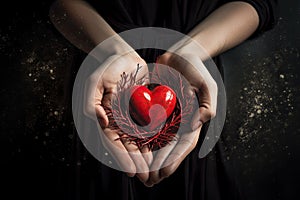 Hearts in hands symbolic gesture of affection Heart in woman hands Love giving, care, health, protection