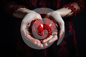 Hearts in hands symbolic gesture of affection Heart in woman hands Love giving, care, health, protection