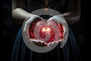 Hearts in hands symbolic gesture of affection Heart in woman hands Love giving, care, health, protection