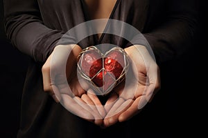 Hearts in hands symbolic gesture of affection Heart in woman hands Love giving, care, health, protection