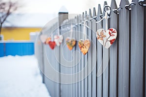 hearts hanging on a frostcovered fence