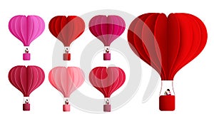 Hearts hot air balloon valentine vector set. Red hot air balloons in heart shape with dating couple characters isolated.