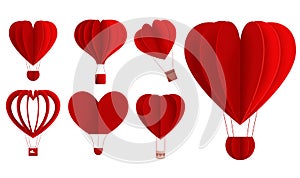Hearts hot air balloon valentine vector set. Red hot air balloons in heart shape element isolated in white background.