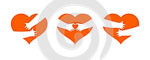 Hearts with hugging themselves hands vector designs set, love and accept yourself metaphor, love you saint Valentine day greeting