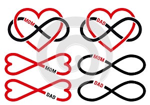 Hearts with infinity sign for mom, dad, vector set