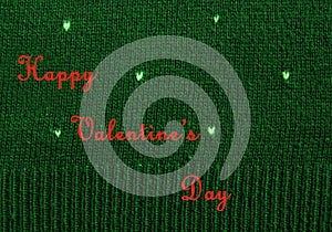 Hearts on knitted wool background, greeting card