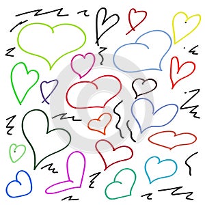 Hearts and lines drawn by hand in a Doodle style different color