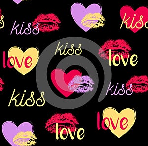 Hearts and lips imprints pattern on black background vector