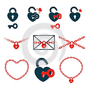 Hearts in locks, keys and chains, icon set concept