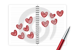 Hearts love couple symbol hand drawing by pen sketch red color with notebook, valentine concept design