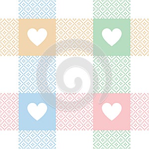 Hearts pattern in pastel pink, blue, green, yellow, white for Valentines Day. Abstract geometric tartan buffalo check plaid vector