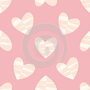 A seamless pastel pink background with funky hearts in red and white
