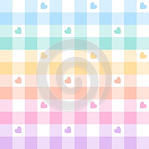 Hearts pattern for spring summer in pastel rainbow colors. Seamless geometric colorful gingham vichy tartan check plaid.