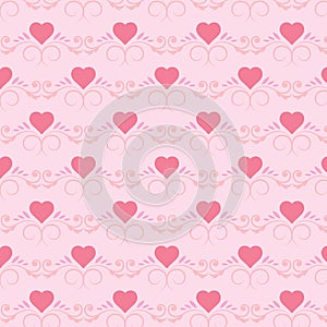 Hearts pattern, symbol background. Valentine`s day and Mother`s day card prink, pink, red colors. Love expression vector. Leaf