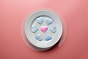 Hearts on plate. Woman and men love flirt. Choice among different sex partners. New girlfriend or boyfriend. Promiscuity and