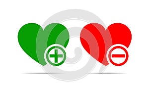 Hearts with plus and minus marks. Vector illustration.